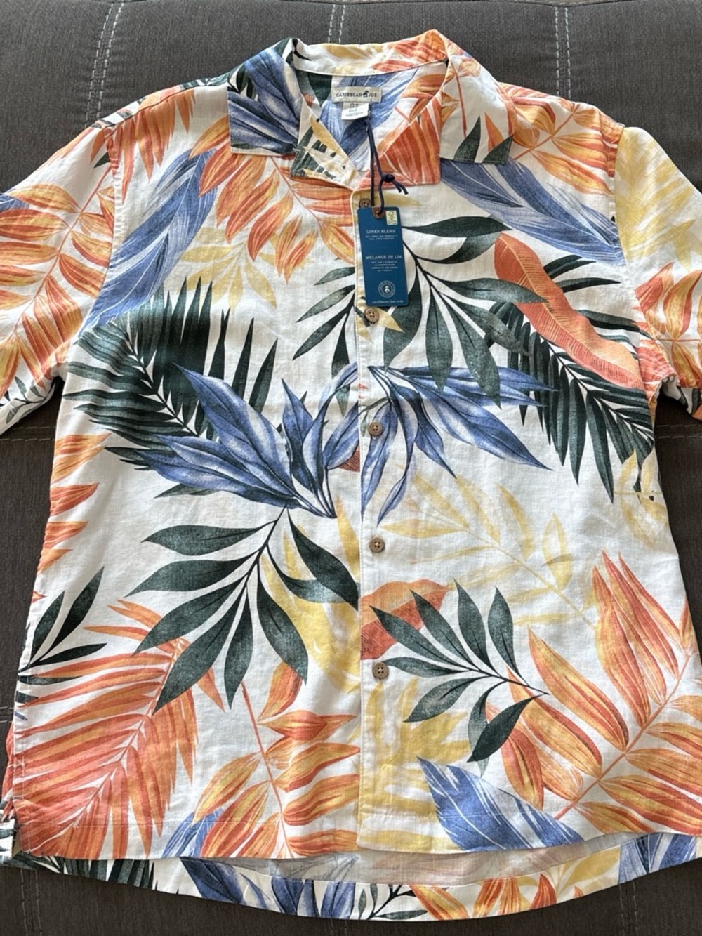 Caribbean Joe man’s linen blend tropical print button down shirt with short M